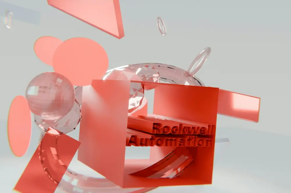 Red geometric shapes and glass spheres with "rockwell automation" text